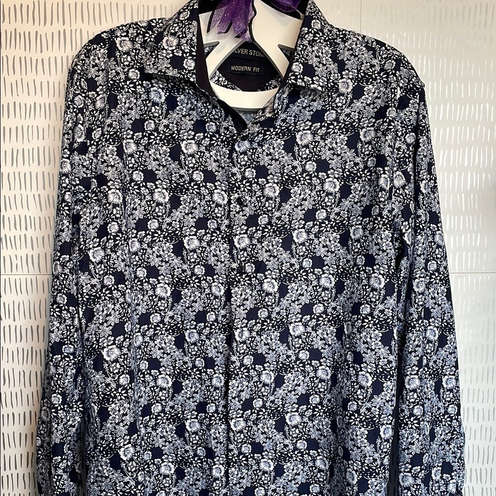 Silver Stone Blue and White Floral Dress Shirt with Classic Collar